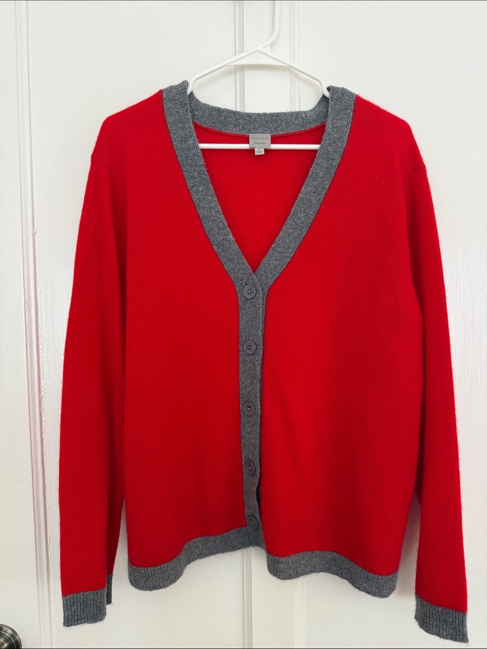 Red V-Neck Cardigan with Gray Trim
